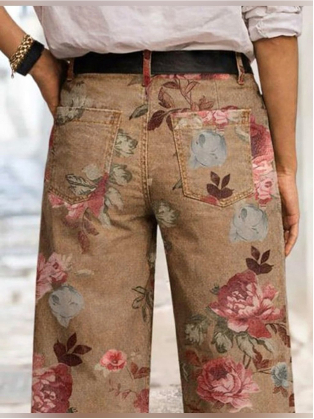 Flamingals Straight Pants High Rise Floral Print Baggy Patch Pocket Trendy Denim - Picture 3 of 6